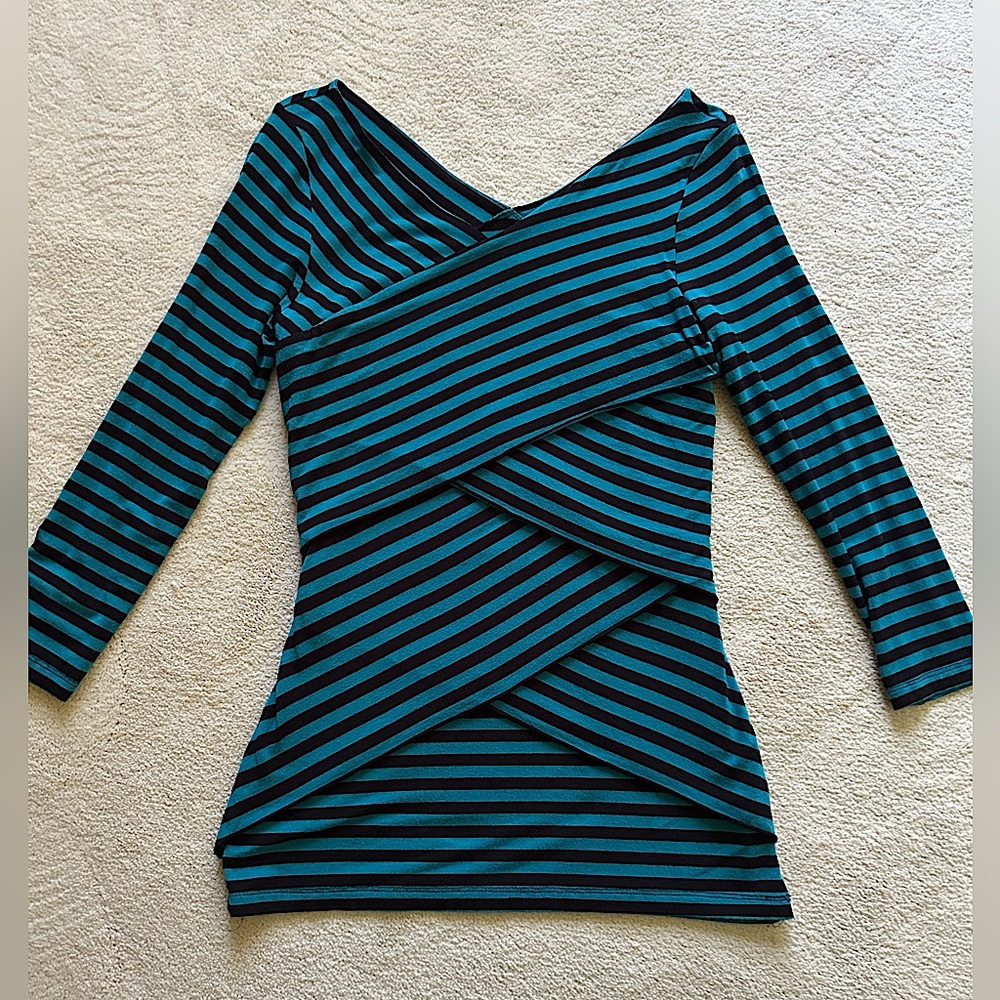 Vince Camuto Teal & Black Striped Wrap-Detail Long Sleeve Top